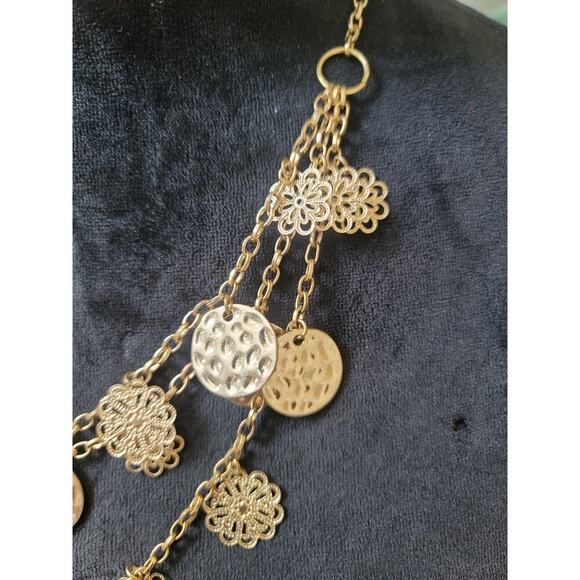 Women's Layered Gold Necklace With Filigree Charms And Lobster Claw Lock - Picture 4 of 6